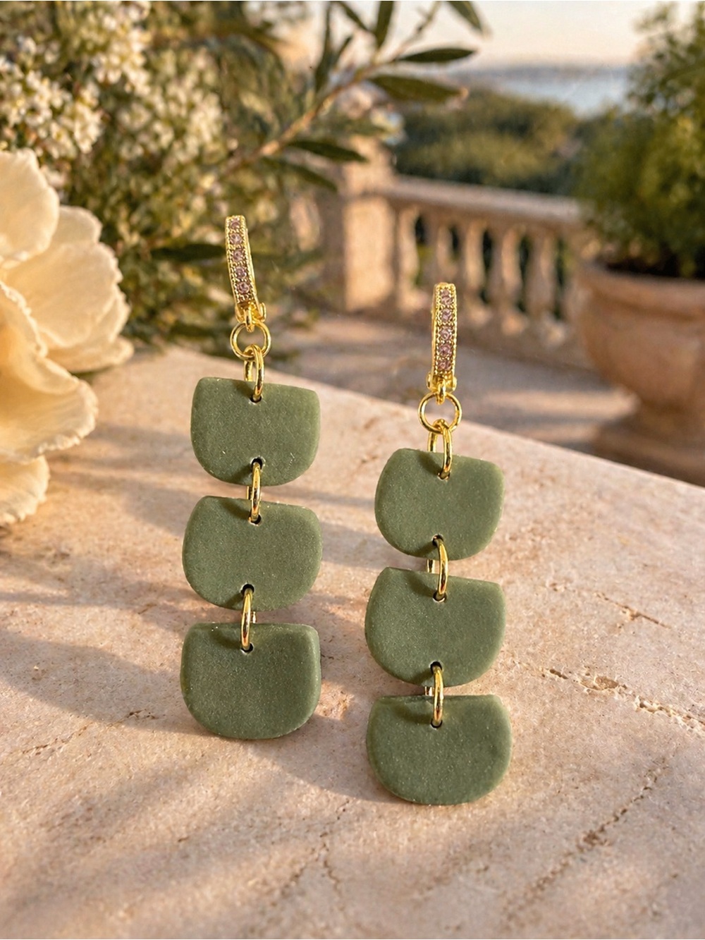 Gold & Olive Green Triple-Drop Dangle Handmade Polymer Clay Earrings